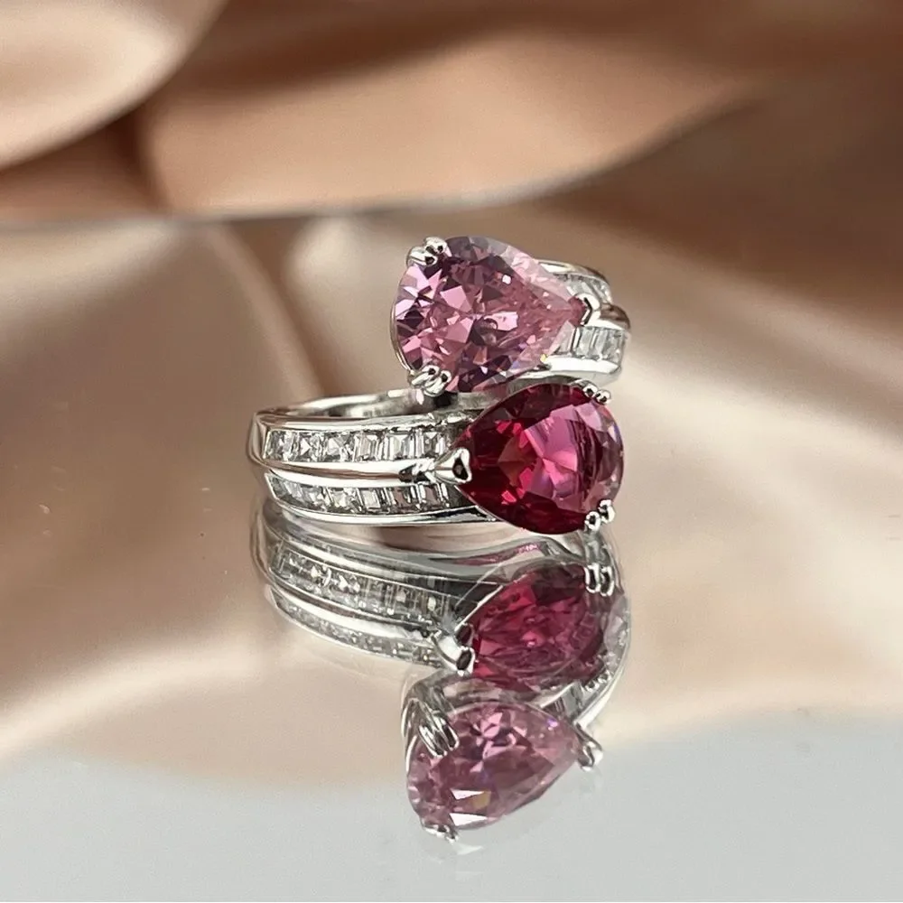 Sterling Silver Pink and Red Drop Gemstone Ring